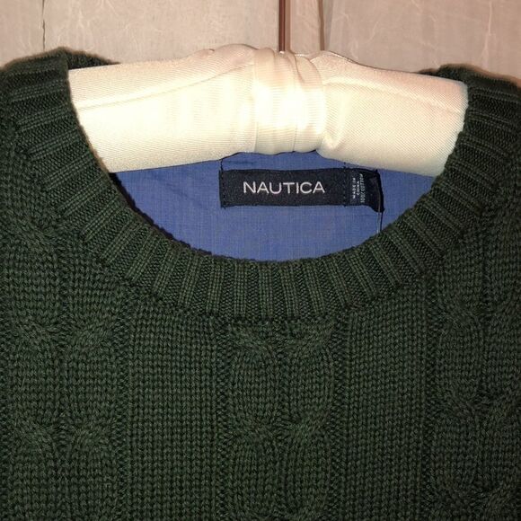 Nautica L Cotton Emerald Green Cable Knit Crewneck Sweater - Picture 7 of 14